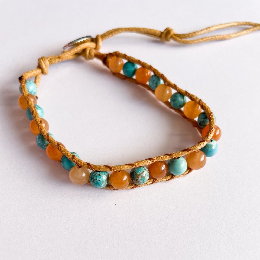 Turquoise & Peach Agate Adjustable Hemp Bracelet - Handmade - Yogi Surprise